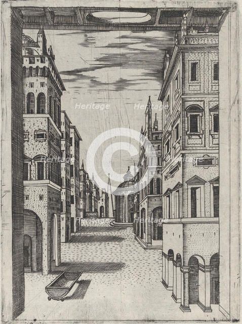 Design for a Stage Set Depicting a Perspectival View of an Ideal Renaissance City, ..., ca. 1550-60. Creator: Anon.