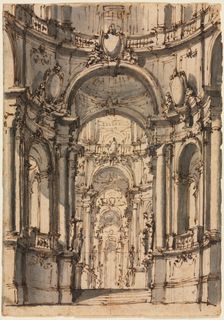 Design for a Stage Set: Interior of a Palace with Arcades, mid 1700s. Creator: Giovanni Battista III Natali (Italian, 1698-1765)