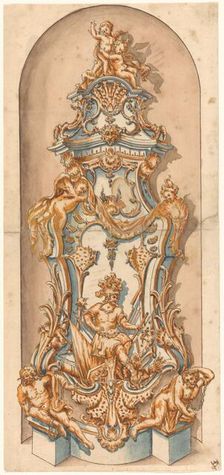 Design for a stove with Mars and two overcome, chained naked men, in a niche, c.1750. Creator: Anon