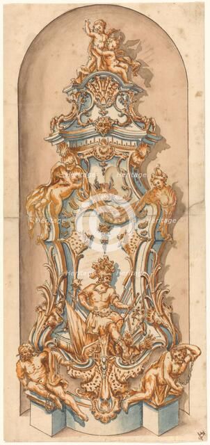 Design for a stove with Mars and two overcome, chained naked men, in a niche, c.1750. Creator: Anon.