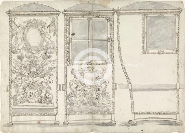 Design for a Sedan Chair, Viewed from the Back, the Front and the Right SIde, c.1650-c.1700. Creator: Anon.