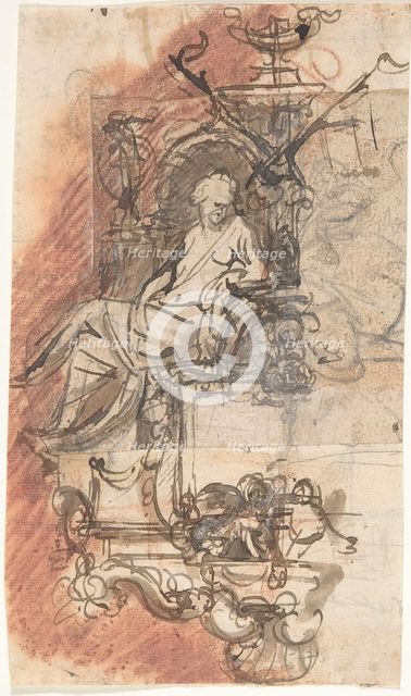 Design for a sepulchral monument with a seated female figure; verso..., late 17th-early 18th century Creator: Peeter Verbrugghen II.