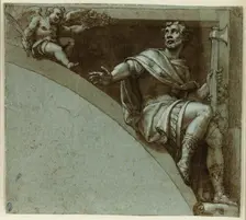 Design for a Spandrel: A Roman Martyr and Two Putti-Saint Jude the Apostle, 1573/75. Creator: Livio Agresti da Forlì