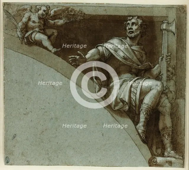 Design for a Spandrel: A Roman Martyr and Two Putti-Saint Jude the Apostle, 1573/75. Creator: Livio Agresti da Forlì.