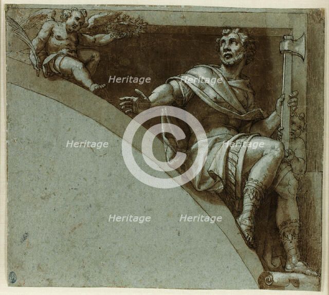 Design for a Spandrel: A Roman Martyr and Two Putti-Saint Jude the Apostle, 1573/75. Creator: Livio Agresti da Forlì.