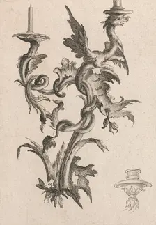 Design for a Two-Armed Candelabra with a Dragon, Plate 1 from an Untitled S..., Printed ca. 1750-56. Creator: Carl Pier