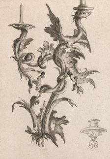 Design for a Two-Armed Candelabra with a Dragon, Plate 1 from an Untitled S..., Printed ca. 1750-56. Creator: Carl Pier