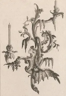 Design for a Two-Armed Candelabra with Rocaille Ornaments and Flowers, Plat..., Printed ca. 1750-56. Creator: Carl Pier