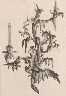Design for a Two-Armed Candelabra with Rocaille Ornaments and Flowers, Plat..., Printed ca. 1750-56. Creator: Carl Pier