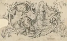 Design for a Tablet for a Chimney-Piece with Two Swans in Combat, Enclosed within a Scroll..., 1762. Creator: Thomas Johnson