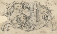 Design for a Tablet for a Chimney-Piece with Two Swans in Combat, Enclosed within a Scroll..., 1762. Creator: Thomas Johnson