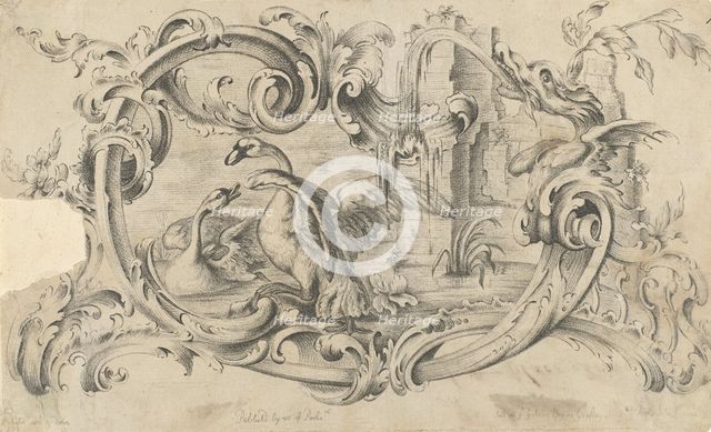 Design for a Tablet for a Chimney-Piece with Two Swans in Combat, Enclosed within a Scroll..., 1762. Creator: Thomas Johnson.