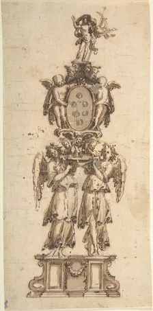 Design for a (Temporary?) Structure consisting of Two Angels carring..., 16th-early 17th century. Creator: Anon