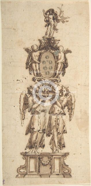 Design for a (Temporary?) Structure consisting of Two Angels carring..., 16th-early 17th century. Creator: Anon.