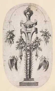 Design for a Term with the Head of Woman, Strapwork and Trophies, 1535-55. Creator: Jean Mignon