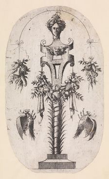 Design for a Term with the Head of Woman, Strapwork and Trophies, 1535-55. Creator: Jean Mignon