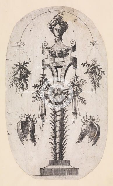 Design for a Term with the Head of Woman, Strapwork and Trophies, 1535-55. Creator: Jean Mignon.