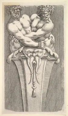Design for a Term with Two Bacchic Figures, from: Curieuses recherches de plusieurs beaus ..., 1645. Creator: Jean le Pautre