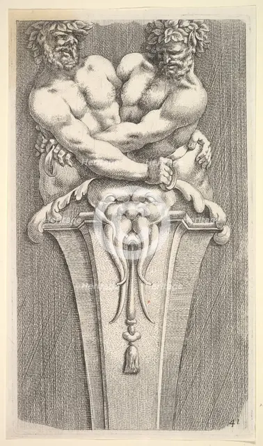 Design for a Term with Two Bacchic Figures, from: Curieuses recherches de plusieurs beaus ..., 1645. Creator: Jean le Pautre.