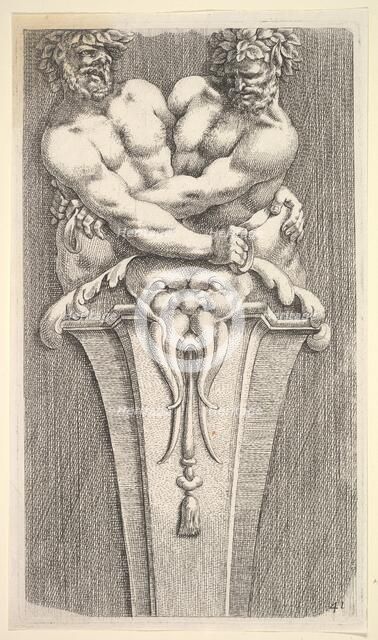 Design for a Term with Two Bacchic Figures, from: Curieuses recherches de plusieurs beaus ..., 1645. Creator: Jean le Pautre.