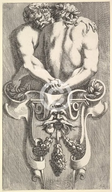 Design for a Term with Two Embracing Satyrs, from: Curieuses recherches de plusieurs beaus..., 1645. Creator: Jean le Pautre.