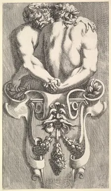 Design for a Term with Two Embracing Satyrs, from: Curieuses recherches de plusieurs beaus..., 1645. Creator: Jean le Pautre