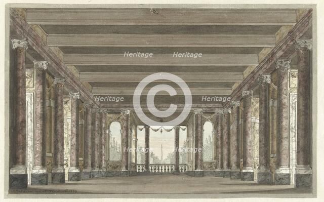Design for a theater decor of a column gallery with Loggia, 1779. Creator: Pieter Barbiers.