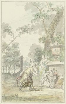 Design for a theatre piece: Dorinda gives Silvio his dog back, 1715-1798. Creator: Dionys van Nijmegen