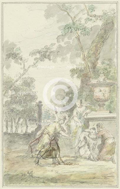 Design for a theatre piece: Dorinda gives Silvio his dog back, 1715-1798. Creator: Dionys van Nijmegen.