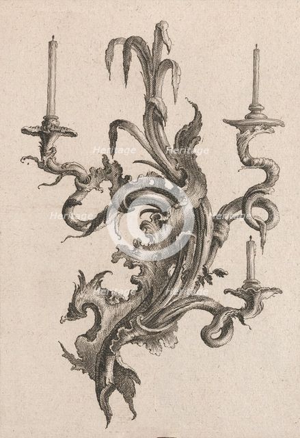 Design for a Three-Armed Candelabra, Plate 2 from an Untitled Series of Des..., Printed ca. 1750-56. Creator: Carl Pier.