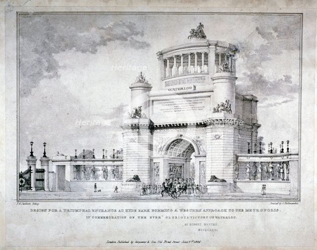Design for a triumphal arch at Hyde Park in commemoration of the victory at Waterloo in 1815, 1826   Artist: Charles Joseph Hullmandel