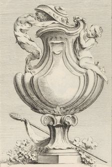 Design for a vase with a faun and a nymph, from Livre de Vases (Book of Vases), plate 1..., 1742-50. Creator: Gabriel Huquier