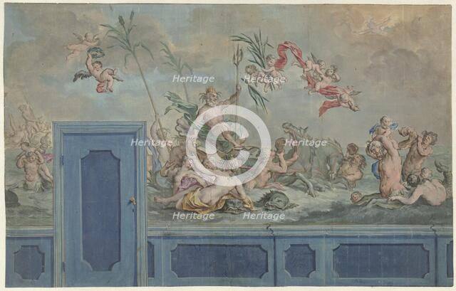Design for a wall decoration with Neptune and entourage, 1751. Creator: Ruik Keyert.