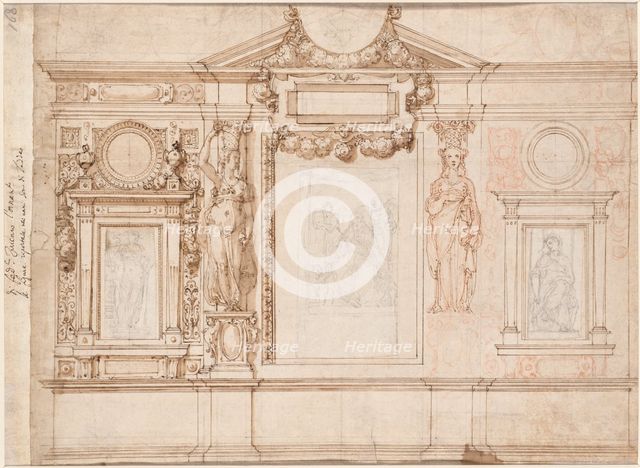 Design for a Wall Decoration with Pasted-in Sketches after Raphael (verso), c. 1580s-90s. Creator: Frederico Zuccaro (Italian, 1540/1-1609).