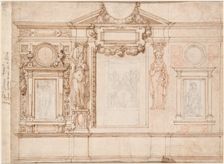 Design for a Wall Decoration with Pasted-in Sketches after Raphael (verso), c. 1580s-90s. Creator: Frederico Zuccaro (Italian, 1540/1-1609)