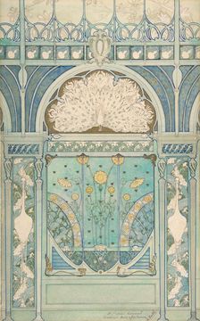 Design for a Wall Decoration with Peacock, Cranes, and Sunflowers for the Restaurant..., 1896-98. Creators: Emile Hurtré, Jules C. Wielhorski