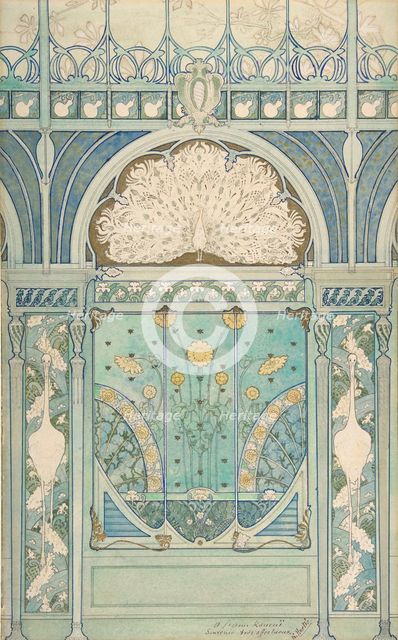 Design for a Wall Decoration with Peacock, Cranes, and Sunflowers for the Restaurant..., 1896-98. Creators: Emile Hurtré, Jules C. Wielhorski.