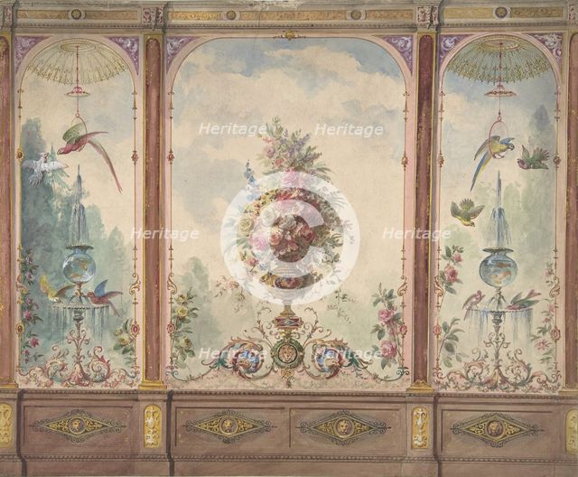Design for a Wall with a Flower Vase, Birds, Two Gold Fish and Globe Fountains, 19th century. Creator: Anon.