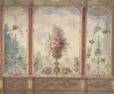 Design for a Wall with a Flower Vase, Birds, Two Gold Fish and Globe Fountains, 19th century. Creator: Anon