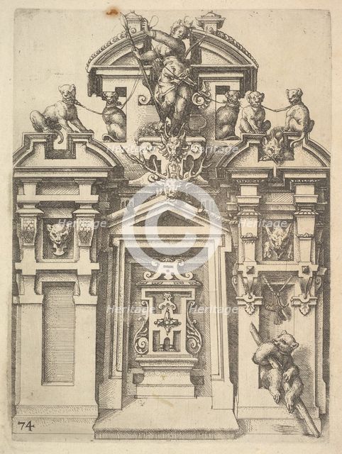 Design for an Architectural Structure with a Hunting Theme , Plate 74 from Dietterlin's Ar..., 1598. Creator: Wendel Dietterlin the Elder.