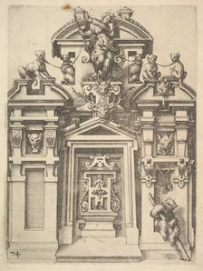 Design for an Architectural Structure with a Hunting Theme , Plate 74 from Dietterlin's Ar..., 1598. Creator: Wendel Dietterlin the Elder