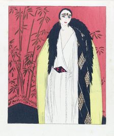 Design for an Evening dress with Fur Trimmed Cape, pub. 1924 (pochoir print). Creator: French School (20th Century)