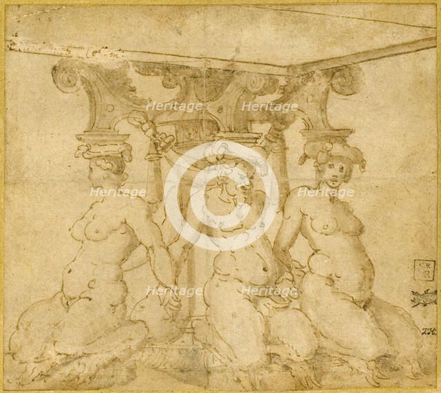 Design for an Ornamental Base with Kneeling Satyresses and Satyr, n.d. Creator: Unknown.