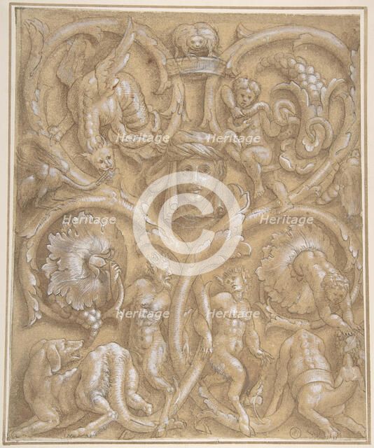 Design for an Ornamental Panel with Rinceaux, Satyrs, Putti, Monsters and a Human Head, 1535-45. Creator: Attributed to Giulio Campi.