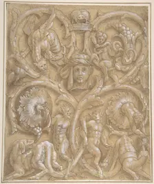 Design for an Ornamental Panel with Rinceaux, Satyrs, Putti, Monsters and a Human Head, 1535-45. Creator: Attributed to Giulio Campi