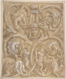 Design for an Ornamental Panel with Rinceaux, Satyrs, Putti, Monsters and a Human Head, 1535-45. Creator: Attributed to Giulio Campi