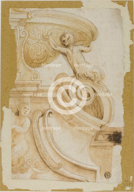 Design for Architrave with Ornamental Scrollwork, Satyr, and Sea Nymph, n.d. Creator: Unknown.