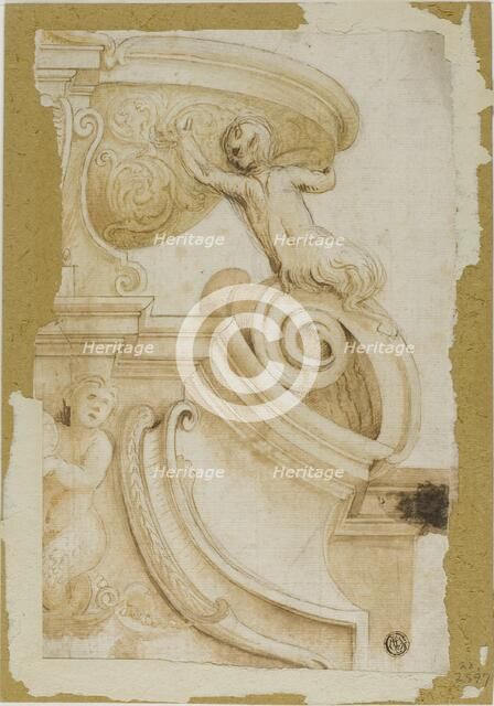 Design for Architrave with Ornamental Scrollwork, Satyr, and Sea Nymph, n.d. Creator: Unknown.