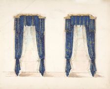 Design for Blue and Gold Curtains with Gold Fringes and a Gold Pediment, early 19th century. Creator: Anon