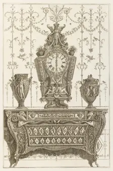 Design for bureau with clock, vases and foliate ornamentation, 1769. Creator: Giovanni Battista Piranesi